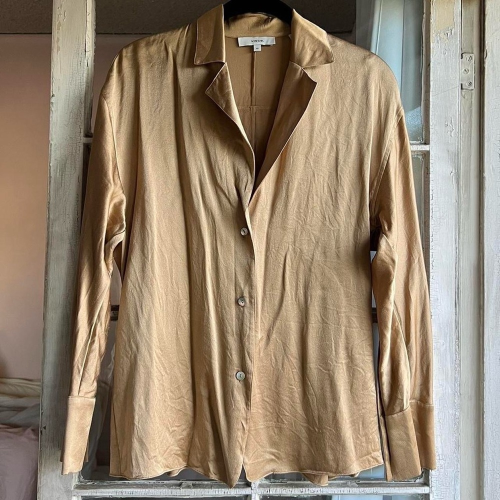 Vince Golden Brown Silk Collared Tie Back Long Sleeve Shell Button Down Blouse